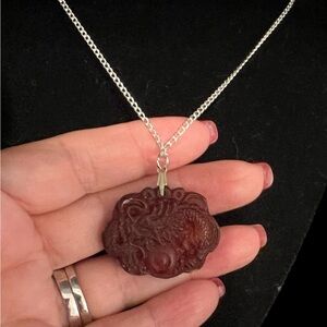 Vintage Silver and Brown Pendant Necklace carved design